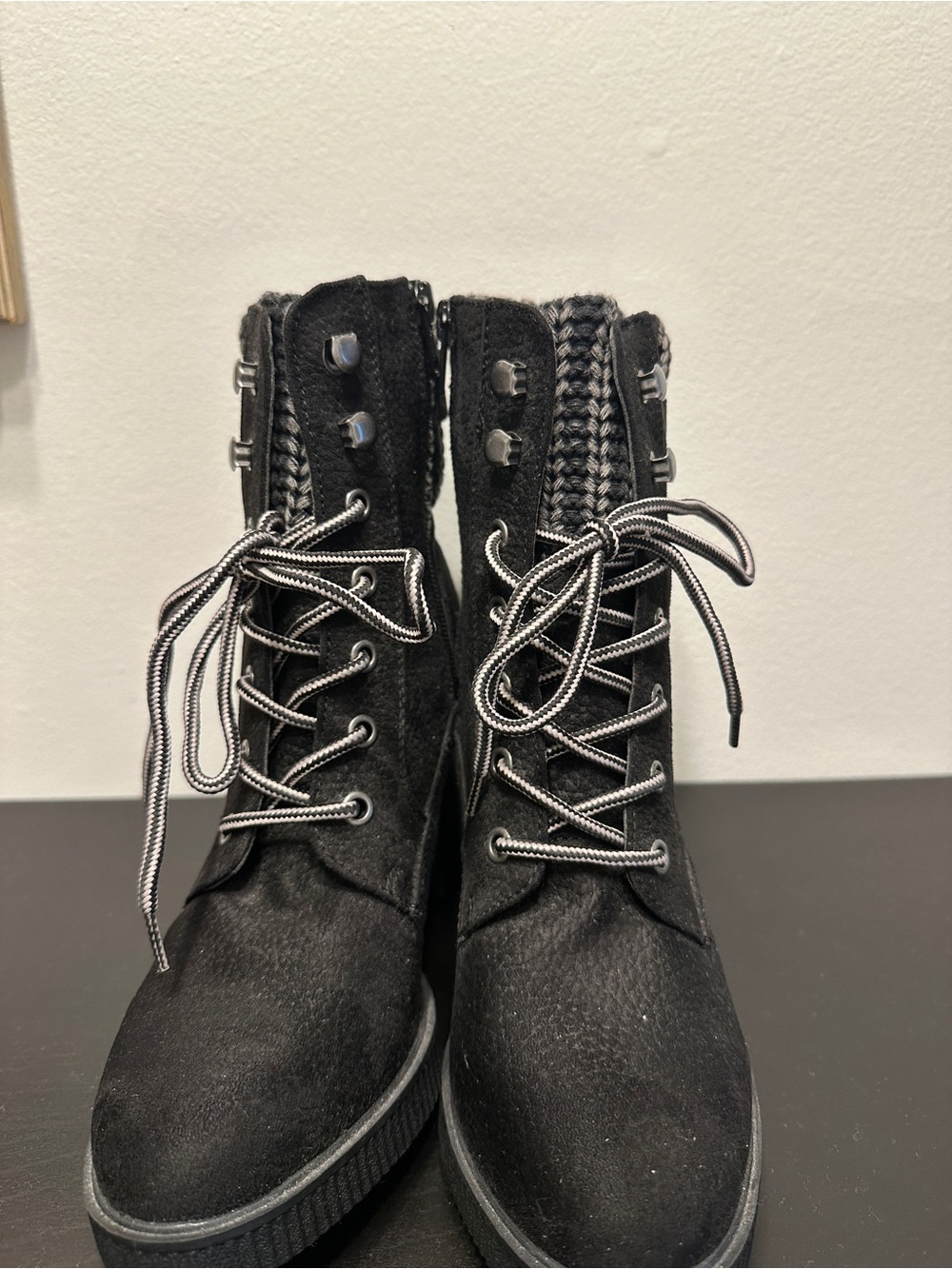 White Mountain Black Suede Lace-Up Ankle Boots with Knit Collar